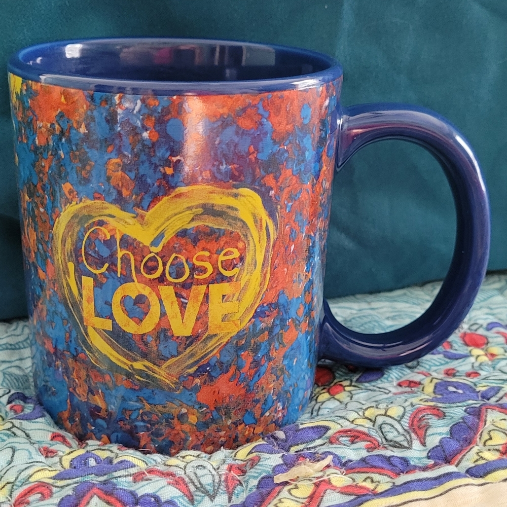 Vibrant Blue and Orange Mug with Heart Design Choose Love Mug